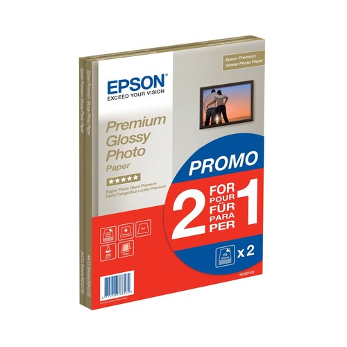 Pack de papel fotográfico EPSON PREMIUM, acabado brillante, tamaño A4, 2 x 15 hojas.