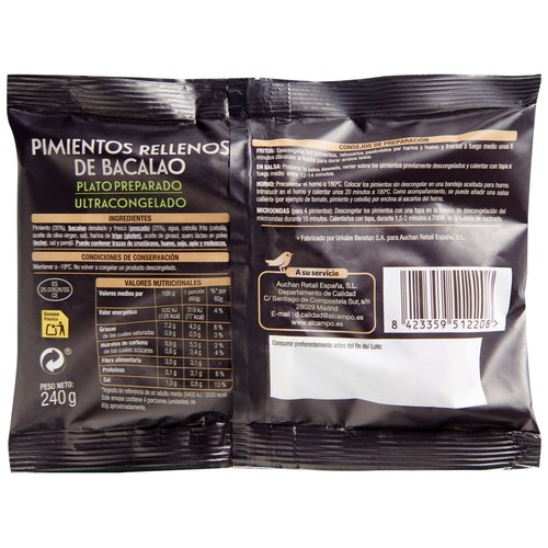 PRODUCTO ALCAMPO Collection Pimiento rellenos de bacalao (MSC) ultracongelados 240 g.