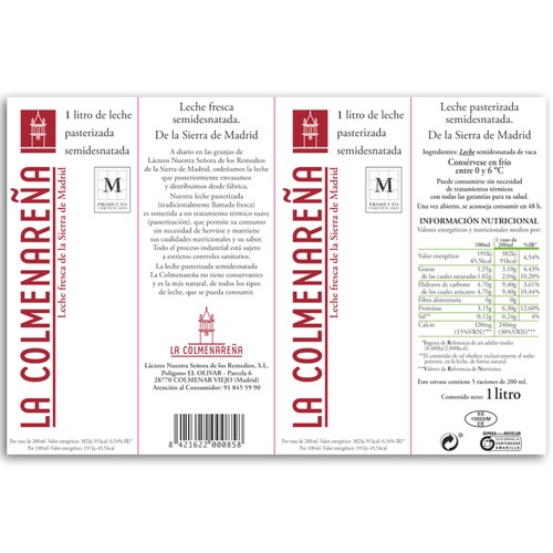 LA COLMENAREÑA Leche de vaca, semidesnatada, fresca y pasteurizada 1 l.
