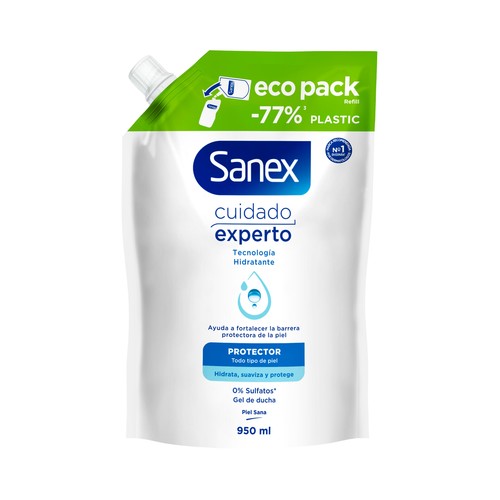 SANEX Cuidado experto protector Recambio de gel de ducha o baño probiótico, para todo tipo de pieles 950 ml.