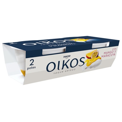 OIKOS de Danone Yogur griego natural azucarado con mango y maracuya 2 x 110 g.