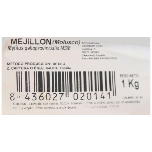 ALCAMPO CULTIVAMOS LO BUENO Mejillones 25/37  Malla de 1 kg.