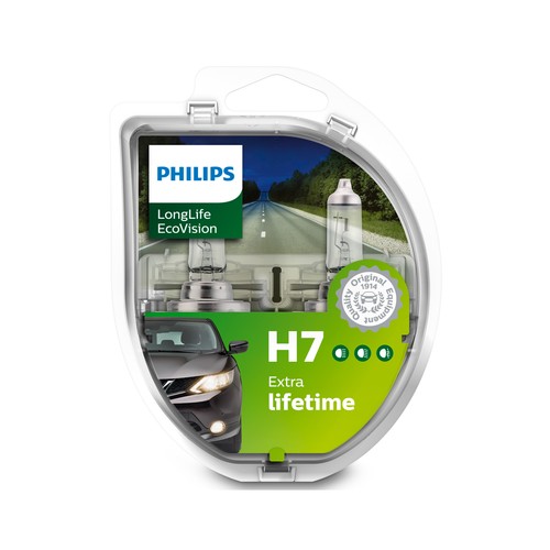 Lote de 2 bombillas halógenas para automóvil, tipo H7 y con potencia de 55W PHILIPS LongLife EcoVision.