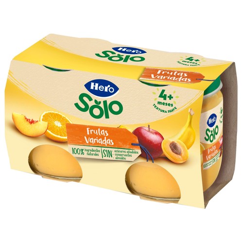 HERO Solo Tarrito de frutas (plátano, manzana, melocotón, naranja y albaricoque), a partir de 4 meses 2 x 120 g.