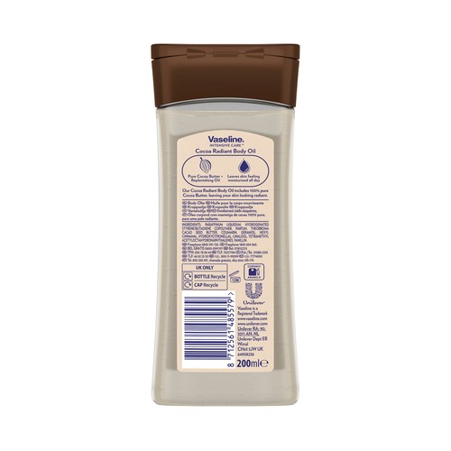 VASELINE Cocoa radiant Aceite corporal nutritivo con manteca de cacao 100% pura 200 ml.
