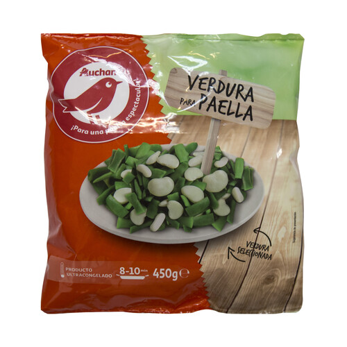 AUCHAN Selección ultracongelada de verduras para paella (judia verde plana, garrafón y alubia blanca) 450 g. Producto Alcampo