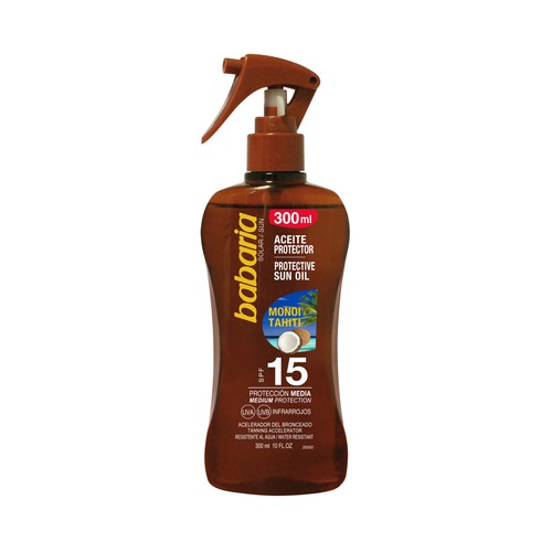 BABARIA Aceite solar en spray, con acción protectora y aceleradora del bronceado y FPS 15 (bajo) BABARIA 200 ml.