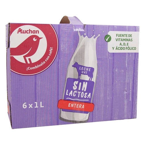 AUCHAN Leche entera de vaca, sin lactosa 6 x 1 l. Producto Alcampo
