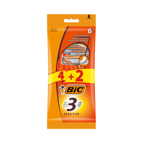 BIC Sensitive 3 Maquina de afeitar desechable, con cabezal de triple hoja 6 uds.