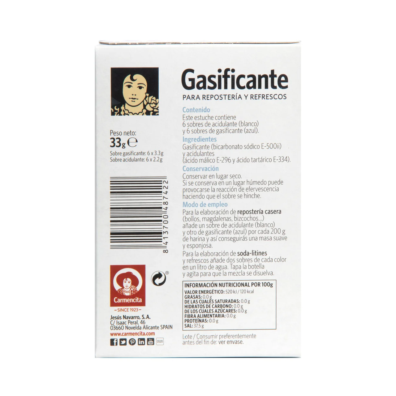 Gasificante para repostería y refrescos 12 uds. 33 g.