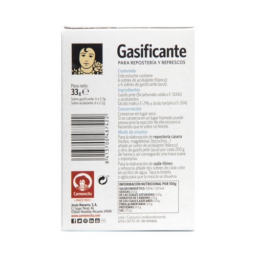 CARMENCITA Gasificante para repostería y refrescos 12 uds. 33 g.
