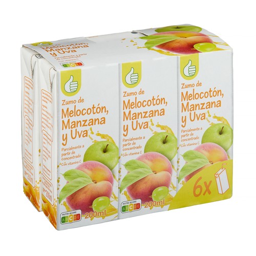 PRODUCTO ECONÓMICO ALCAMPO Zumo de melocotón, uva y manzana brick 6 uds x 20 cl.
