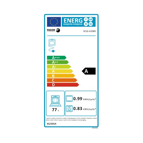 Cocina independiente a gas butano FAGOR 3CLG-610BX inox, 4 fuegos, horno eléctrico 77L, H: 85cm, A: 60cm, F: 60cm.