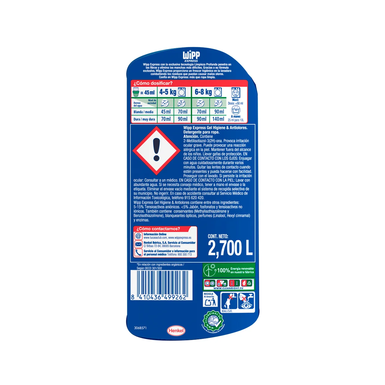 Detergente líquido express gel anti-olores 60 dosis.