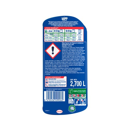 WIPP EXPRESS Detergente líquido express gel anti-olores 60 dosis.