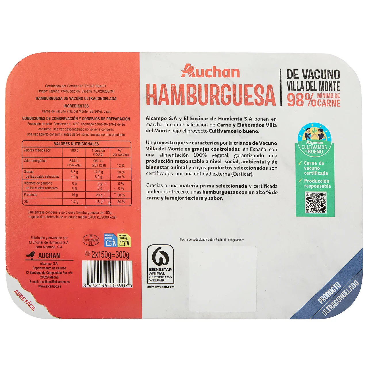 ALCAMPO CULTIVAMOS LO BUENO Hamburguesas congeladas de vacuno Villa del Monte 2 x 150 g.