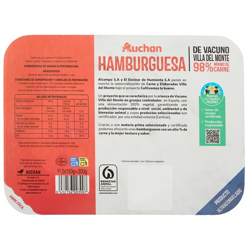 ALCAMPO CULTIVAMOS LO BUENO Hamburguesas congeladas de vacuno Villa del Monte 2 x 150 g.