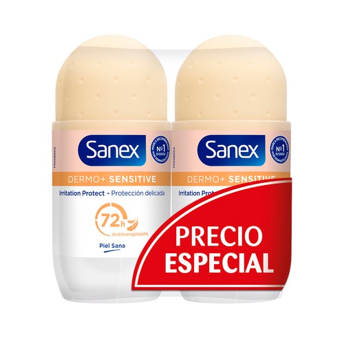 SANEX Dermo+ sensitive Desodorante roll-on para mujer antitranspirante 72 horas, especial pieles sensibles 2 x 50 ml.