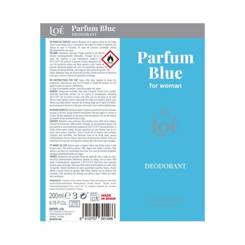 LOÉ Parfum blue Desodorante en spray para mujer con protección antitranspirante 200 ml.
