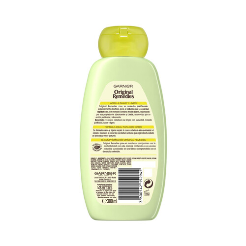 ORIGINAL REMEDIES Champú purificante con arcilla suave y limón para cabellos grasos ORIGINAL REMEDIES de Garnier 300 ml.