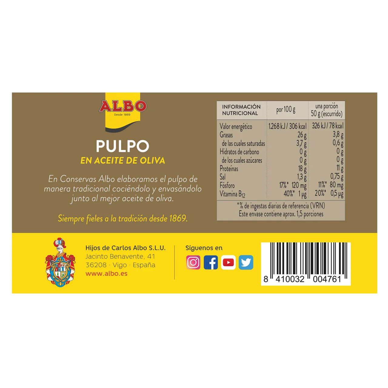 Pulpo en aceite de oliva en tacos lata de 75 g.