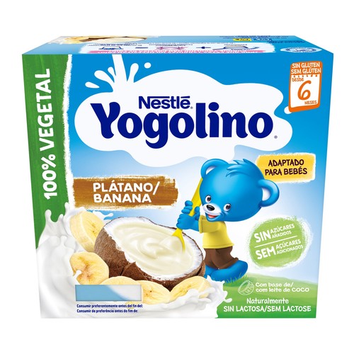 YOGOLINO Postre 100% vegetal con coco y plátano, adapatado para bebés a partir de 6 meses YOGOLINO de Nestlé 4 x 90 g.