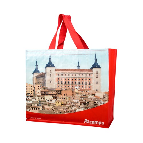 Bolsa grande de rafia reutilizable con diseño del Alcázar de Toledo, ALCAMPO.