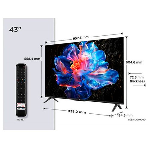 Televisión de 109cm (43") LED TCL 43P6K, 4K, Ultra HD, GOOGLE Tv, SMART TV, WIFI,BLUETOOTH,3xHDMI,60HZ