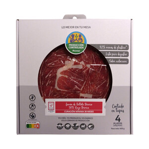 ALCAMPO PRODUCCIÓN CONTROLADA Estuche con sobres de jamón de bellota ibérico (50% raza ibérica), cortado en tapas ALCAMPO PRODUCCIÓN CONTROLADA 4 x 100 g.