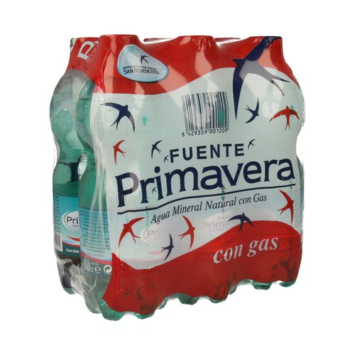 FUENTE PRIMAVERA Agua mineral con gas botella de 50 centilitros pack de 6 uds.