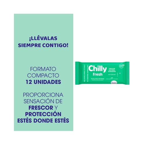CHILLY Toallitas humedas biodegradables, para higiene intima, con pH5 y acción antiolor CHILLY Fresh 12 uds