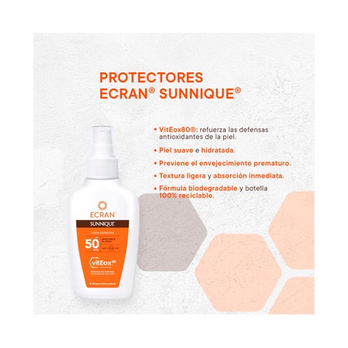 ECRAN Sunnique Leche solar en spray con acción protectora y FPS 50 (muy alta) 100 ml.