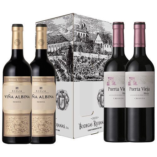 BODEGAS RIOJANAS Estuche con 2 botellas de vino tinto crianza y 2 botellas de vino tinto crianza todas con D.O. Ca. Rioja.