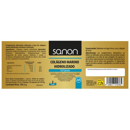 SANON Colágeno marino hidrolizado, vitaminas y minerales (complemento alimenticio) 120 cápsulas.