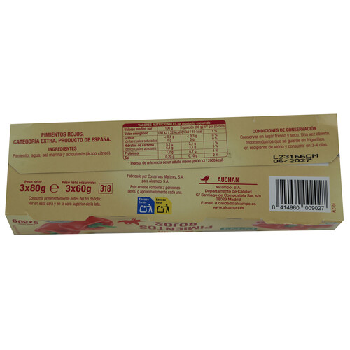 PRODUCTO ALCAMPO Pimientos rojos de categoría extra pack 3 uds. x 60 g.