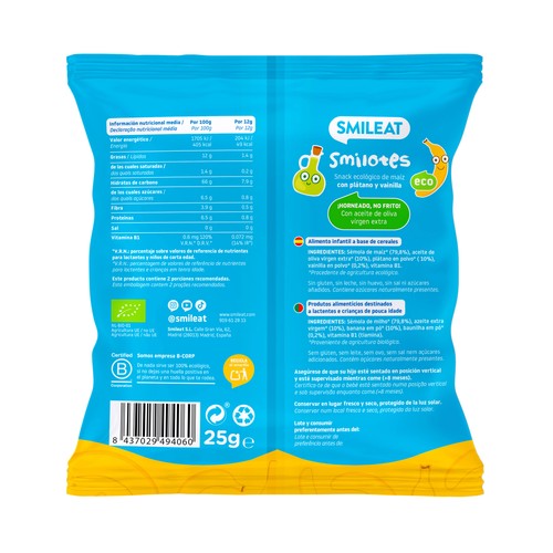 SMILEAT Smilotes Snacks ecológicos de maiz con plátano y vainilla, a partir de 8 meses 25 g.