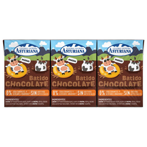 Batido de chocolate sin aditivos artificiales ni edulcorantes ni azúcares añadidos CENTRAL LECHERA ASTURIANA 3 x 200 ml.