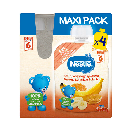 NESTLÉ Bolsita de fruta (plátano y naranja) y galleta, a partir de 6 meses NESTLÉ 4 x 90 g.