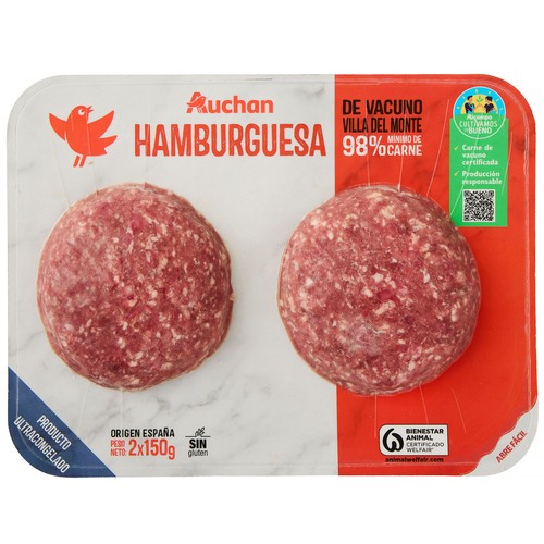 ALCAMPO CULTIVAMOS LO BUENO Hamburguesas congeladas de vacuno Villa del Monte 2 x 150 g.