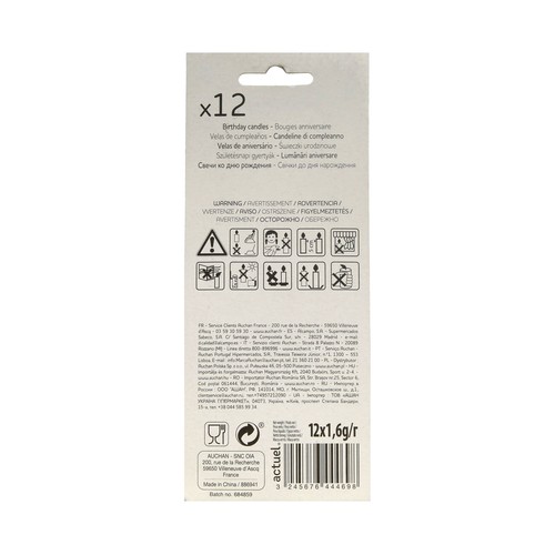 Pack de 12 velas finas de cumpleaños color rojo, naranja y rosa con soporte, ACTUEL.
