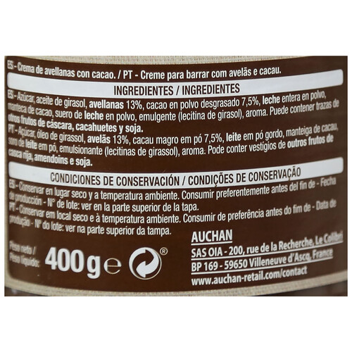 PRODUCTO ALCAMPO Crema de avellanas con cacao bote de 400 g.