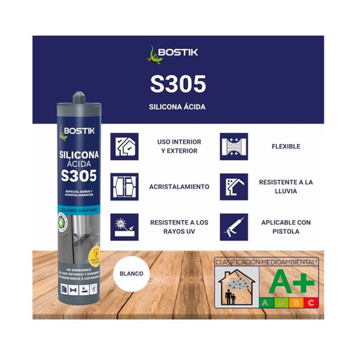 Siliconas blanca ácida S305 de 280 ml, BOSTIK