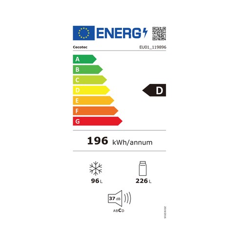 Frigorífico combi 185,5cm CECOTEC Bolero CoolMarket inox, NO FROST, clasificación energética: D, H: 185,5cm A: 59,5cm, F: 61,5cm, capacidad total: 322L.