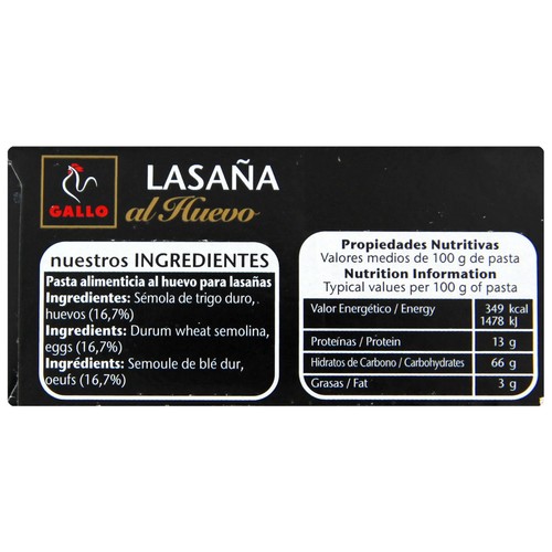 GALLO Pasta lasaña placas 20 unidades 250 g.
