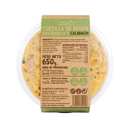 CORRAL DE MONEGROS Tortilla fresca de patatas con cebolla y calabacín CORRAL DE MONEGROS 650 g.