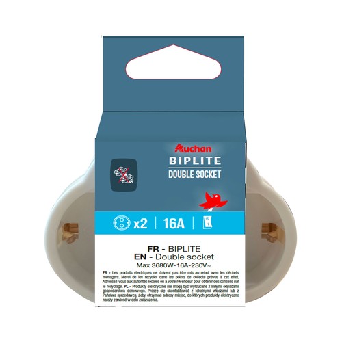 Adaptador frontal 2 tomas Schuko 16A con interruptor. AUCHAN