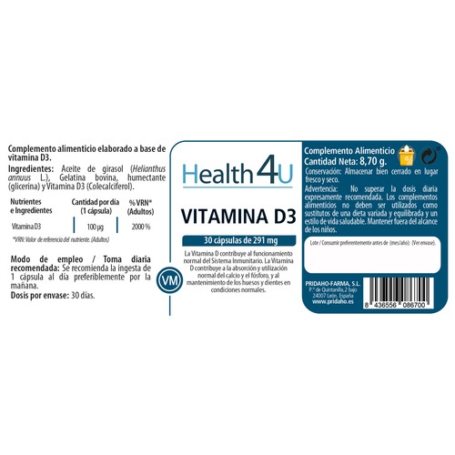 HEALTH 4 U Vitamina D3 30 uds 291 mg.