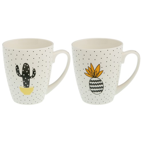 Taza de porcelana de gran capacidad decorada con piñas/cactus, 0,41 litros, QUO.