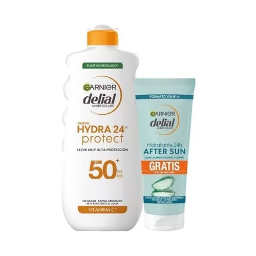 DELIAL Hydra 24h protect Leche solar protectora con FPS 50+ (muy alto) 400 ml + after sun hidratante (100 ml).