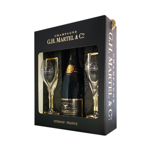 G.H. MARTEL & Cº Estuche con botella de champagne brut + 2 copas botella de 75 cl.